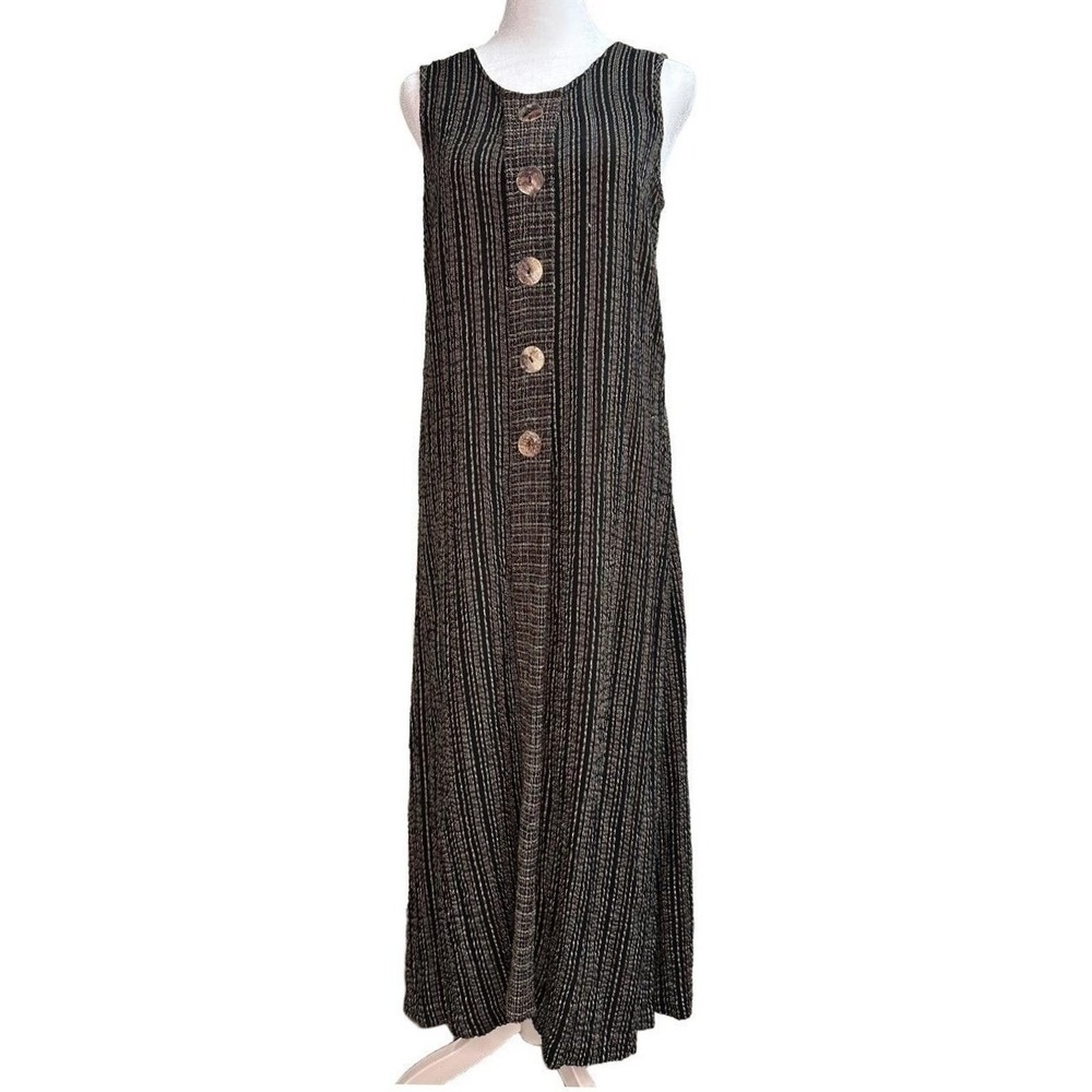 90s Striped Button Front Maxi Dress Womens Large Black Vintage Made USA